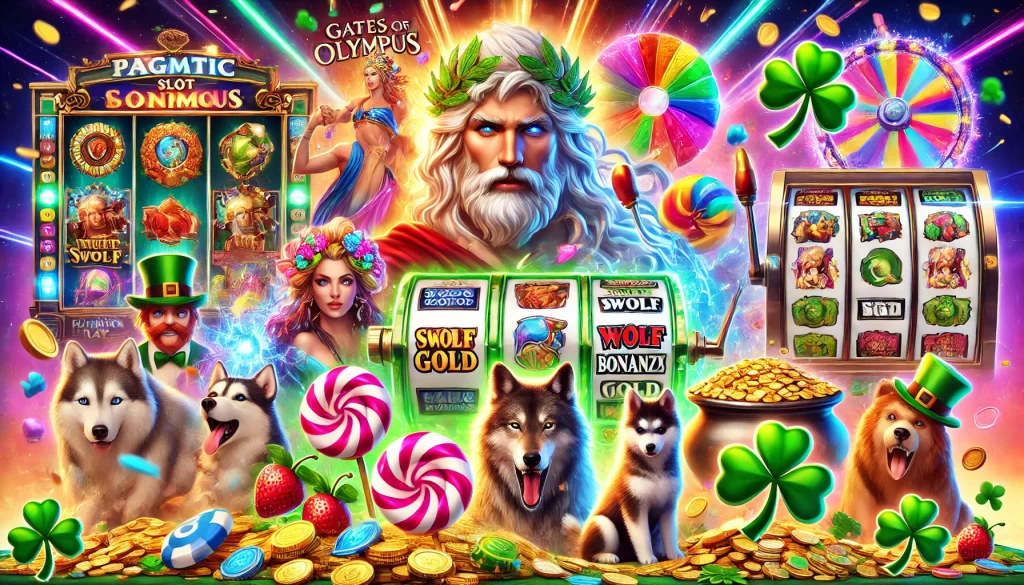 Kolase digital yang menampilkan berbagai permainan slot populer dari Pragmatic Play, termasuk karakter dewa Zeus dari 'Gates of Olympus', grafis manis dari 'Sweet Bonanza', hewan liar dari 'Wolf Gold', anjing lucu dari 'The Dog House', dan simbol Irlandia dari 'Wild Wild Riches'. Latar belakang menggambarkan suasana kasino yang hidup dengan mesin slot dan cahaya cerah, menciptakan nuansa kesenangan dalam permainan online.